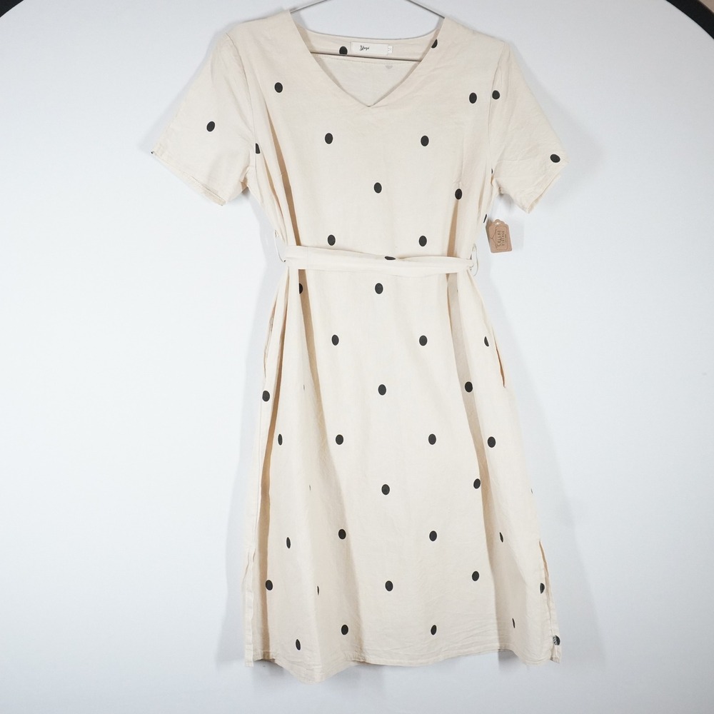 Yesno Cream Polka Dot Linen Blend V-Neck Midi Dress with Pockets and Belt 2164